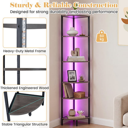 6-Tier Corner Shelf 68 inch Tall Narrow Display Bookshelf with LED Lights-Grey
