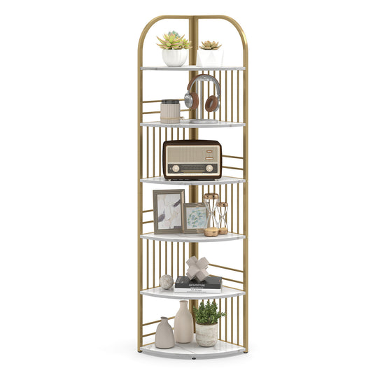 6-Tier Corner Shelf Tall Freestanding Corner Bookshelf with Heavy-duty Metal Frame-White