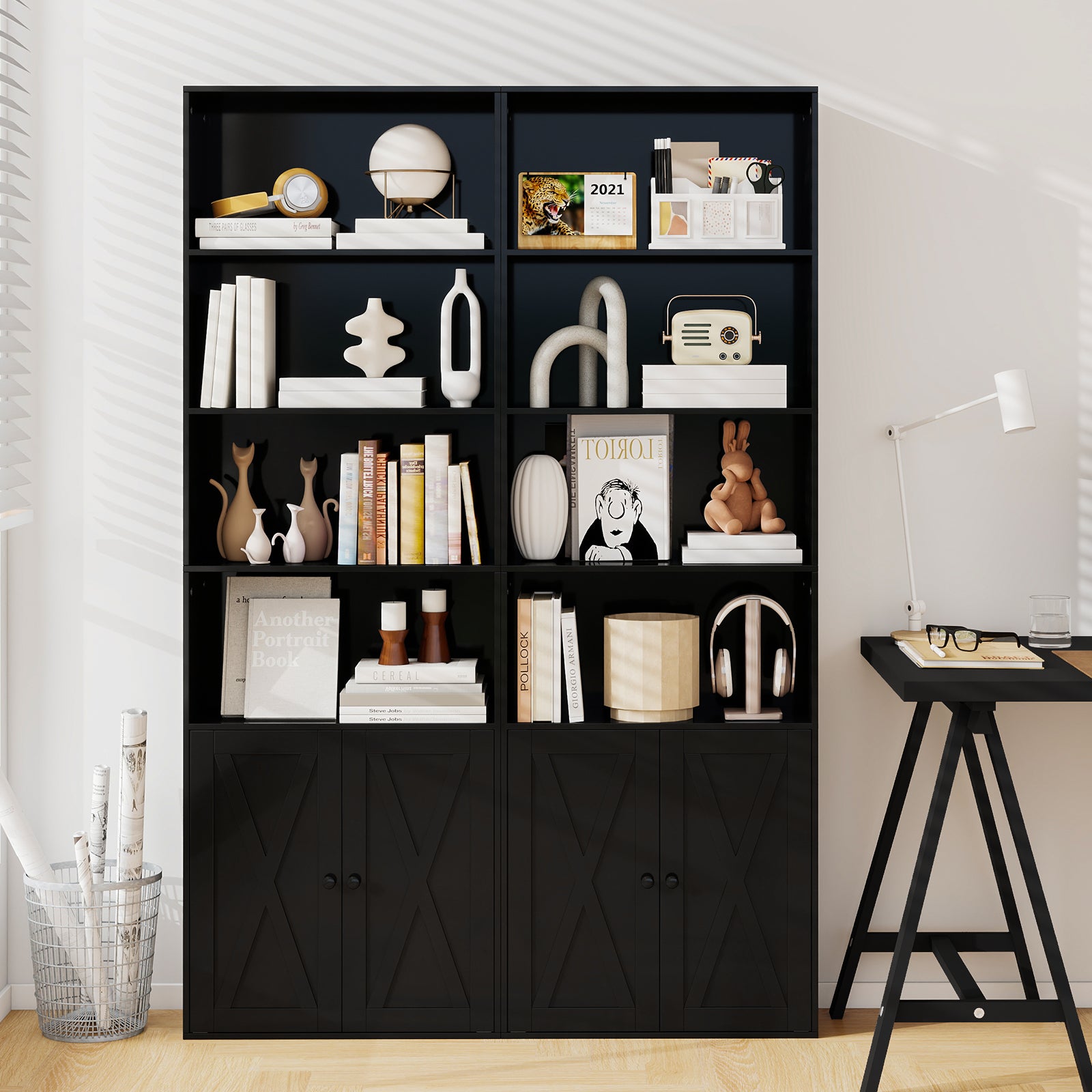 6-Tier Freestanding Bookcase with Farmhouse Style Cabinet Doors-Black