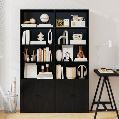 6-Tier Freestanding Bookcase with Farmhouse Style Cabinet Doors-Black