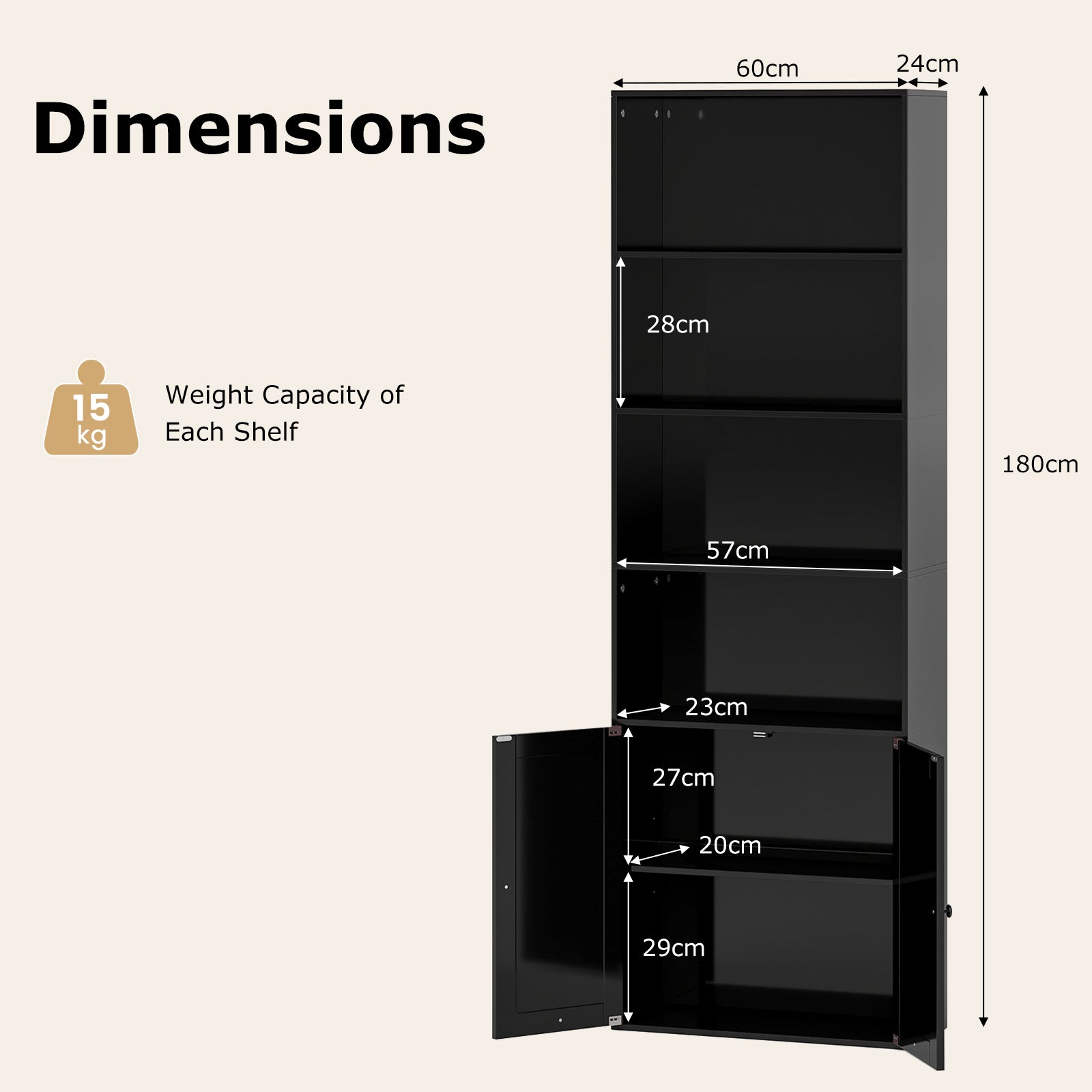 6-Tier Freestanding Bookcase with Farmhouse Style Cabinet Doors-Black