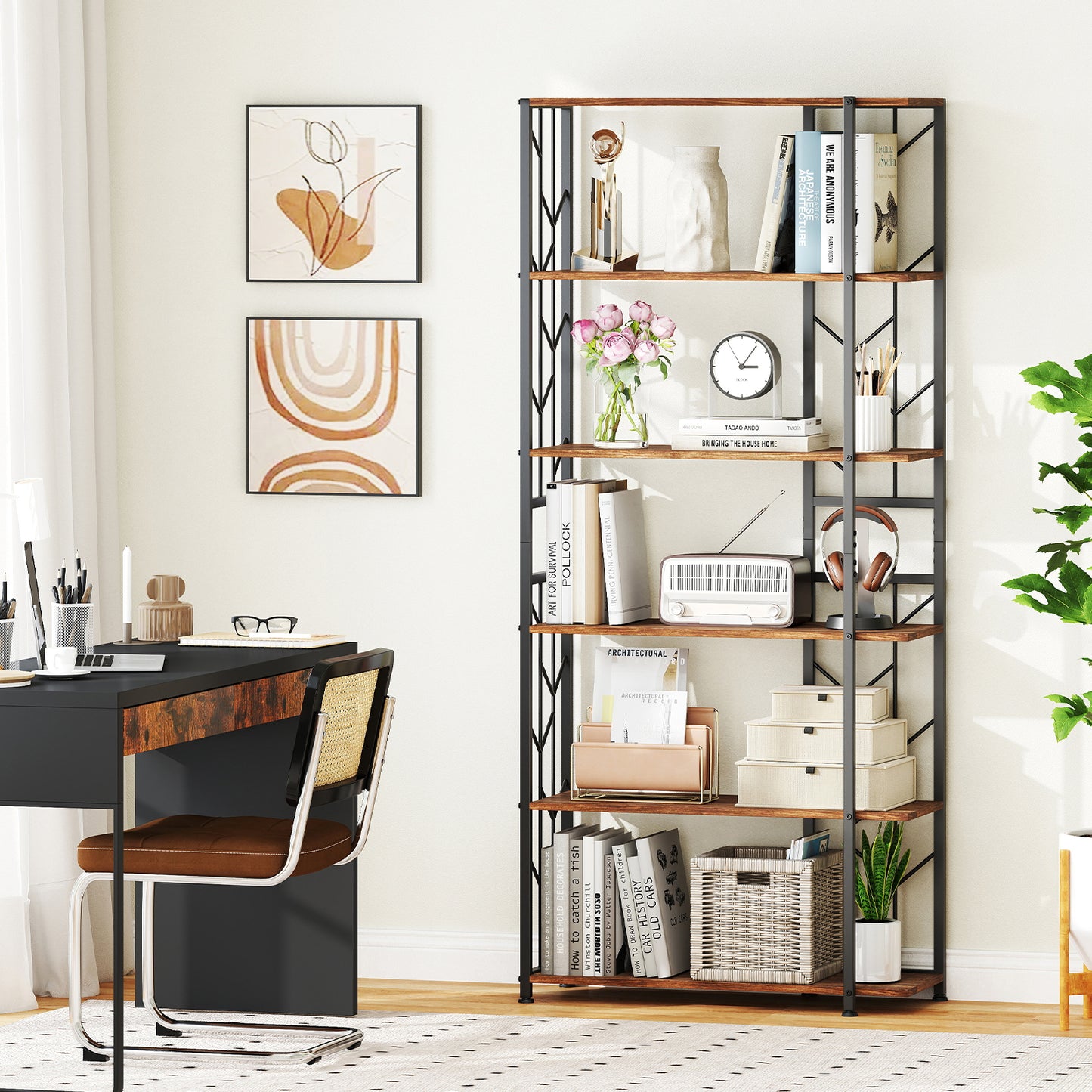 6-Tier Modern Geometric Bookcase with Heavy-duty Metal Frame for Study-Rustic Brown