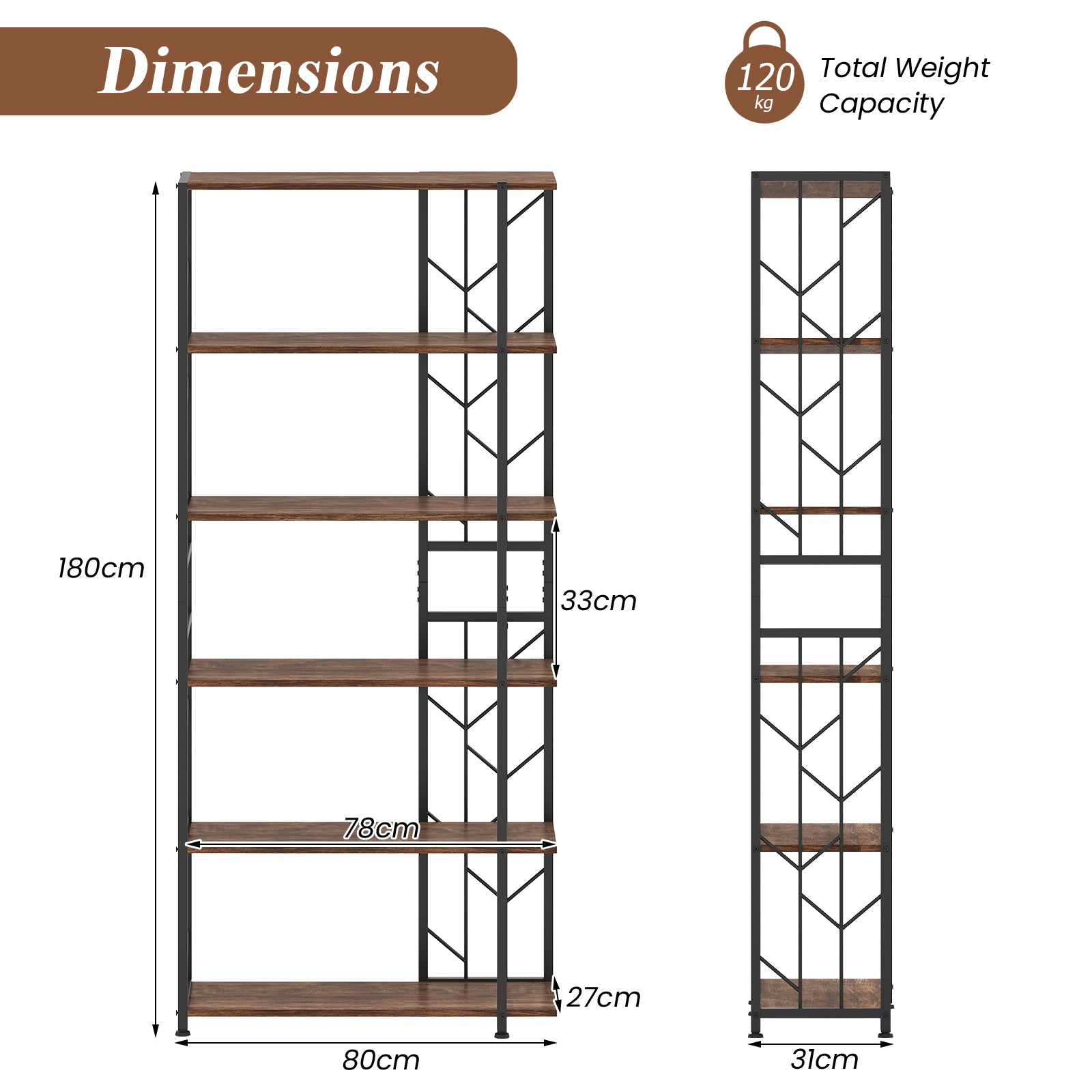 6-Tier Modern Geometric Bookcase with Heavy-duty Metal Frame for Study-Rustic Brown
