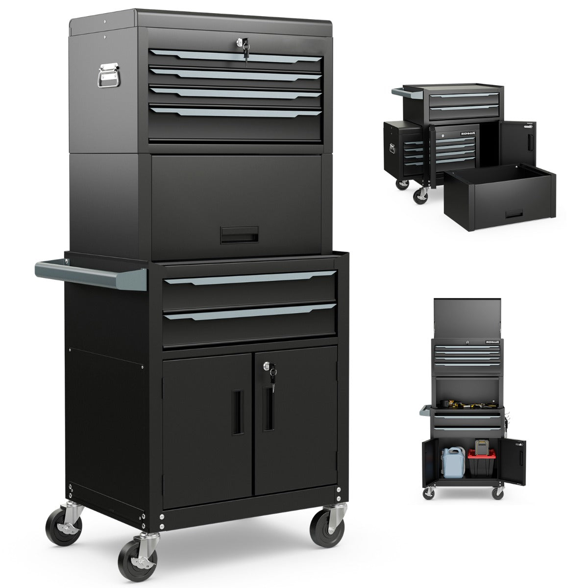 6-Drawer Rolling Tool Chest with Universal Wheels and Hooks-Black-M