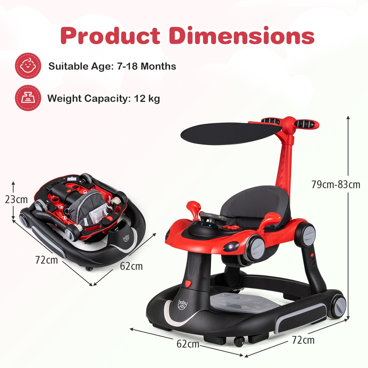 6-in-1 Baby Walker Toddler Push Car with Canopy and Wheels-Black and Red