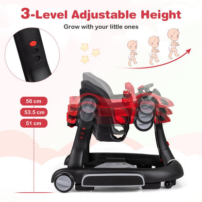 6-in-1 Baby Walker Toddler Push Car with Canopy and Wheels-Black and Red