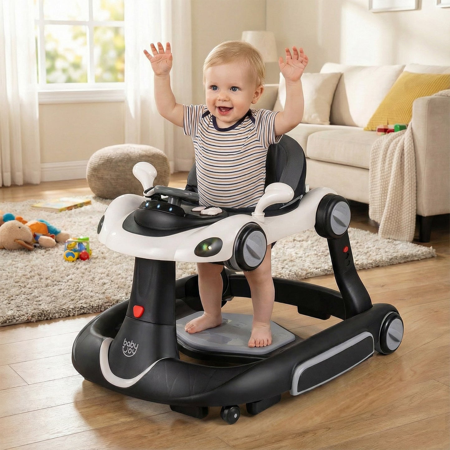 6-in-1 Baby Walker Toddler Push Car with Canopy and Wheels-Black