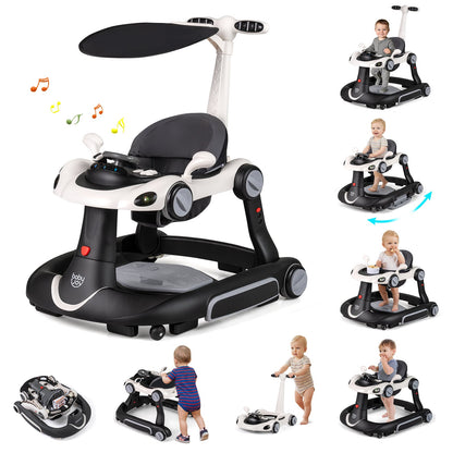 6-in-1 Baby Walker Toddler Push Car with Canopy and Wheels-Black