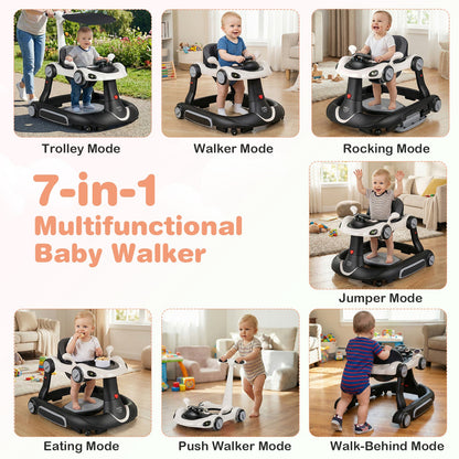 6-in-1 Baby Walker Toddler Push Car with Canopy and Wheels-Black