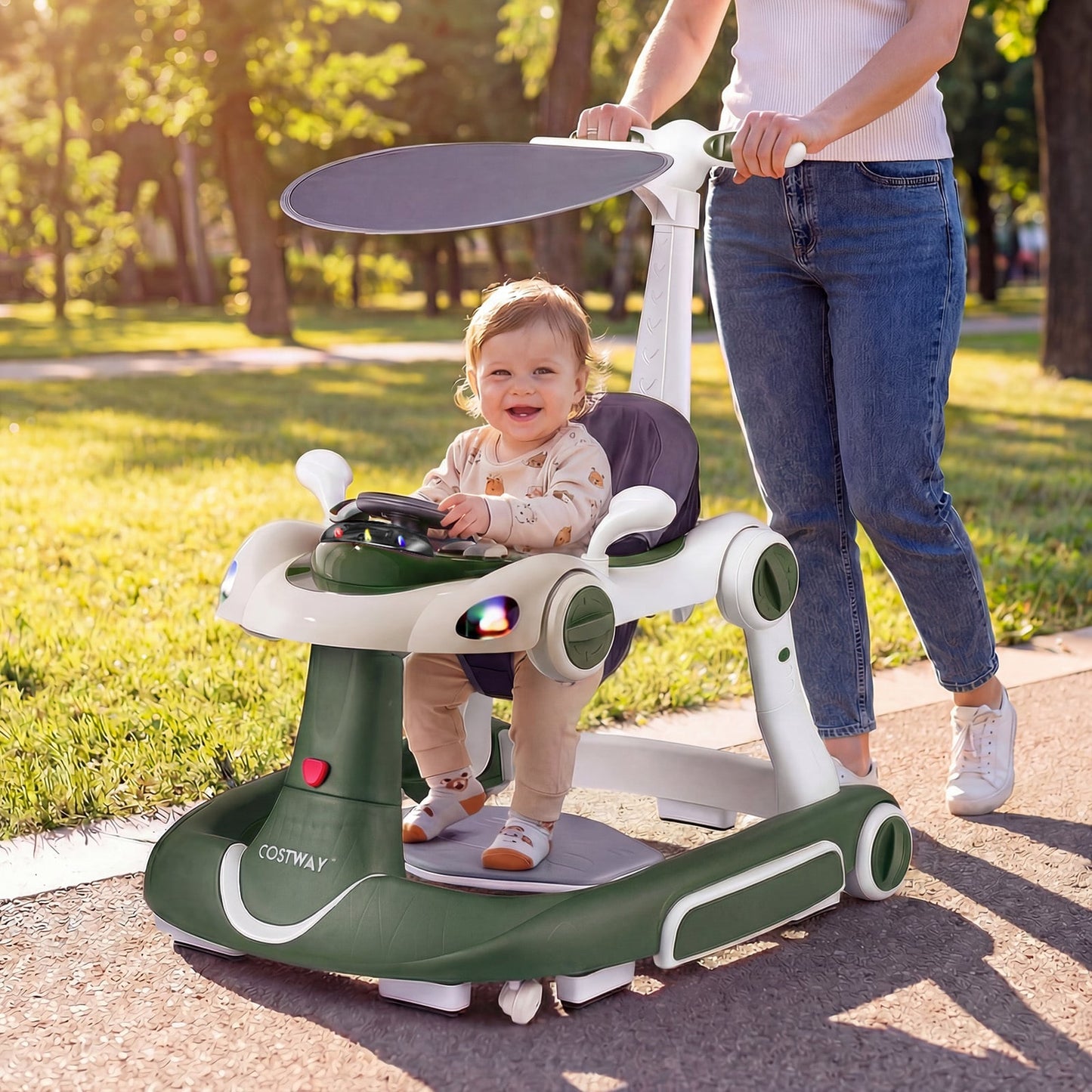 6-in-1 Baby Walker Toddler Push Car with Canopy and Wheels-Green