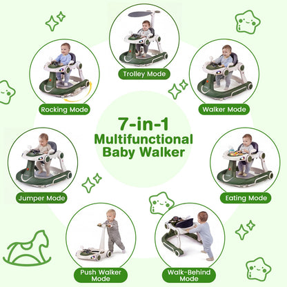 6-in-1 Baby Walker Toddler Push Car with Canopy and Wheels-Green