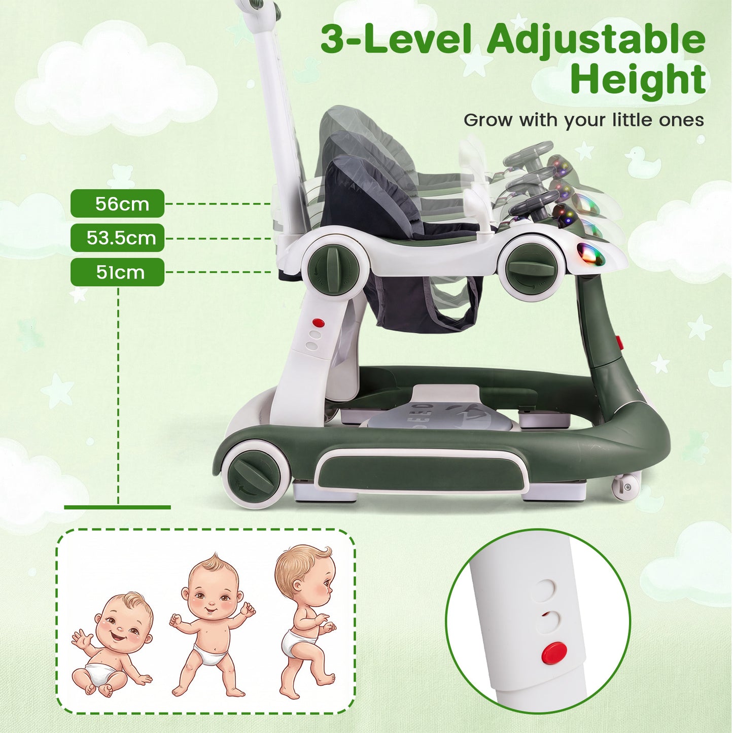6-in-1 Baby Walker Toddler Push Car with Canopy and Wheels-Green