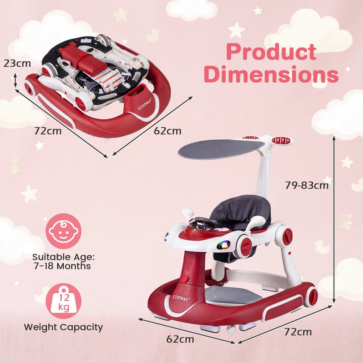 6-in-1 Baby Walker Toddler Push Car with Canopy and Wheels-Red