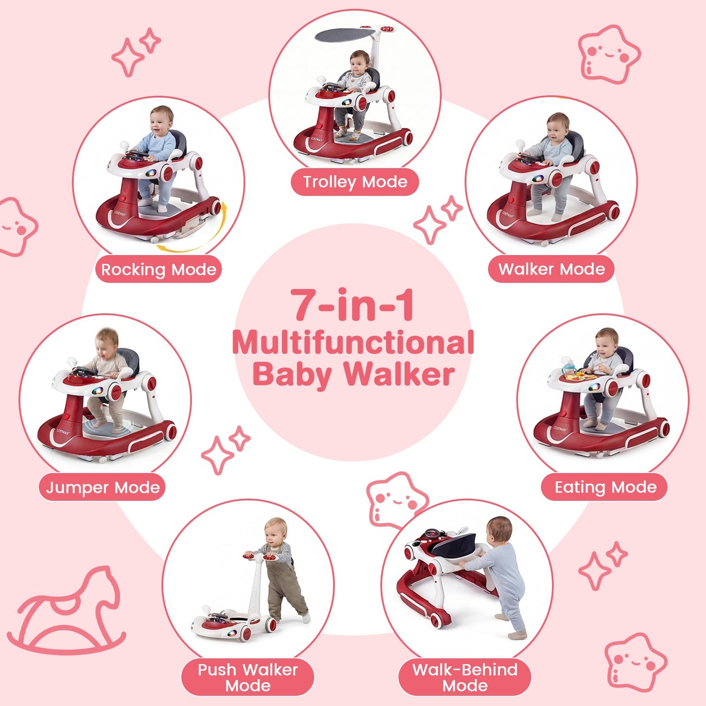 6-in-1 Baby Walker Toddler Push Car with Canopy and Wheels-Red