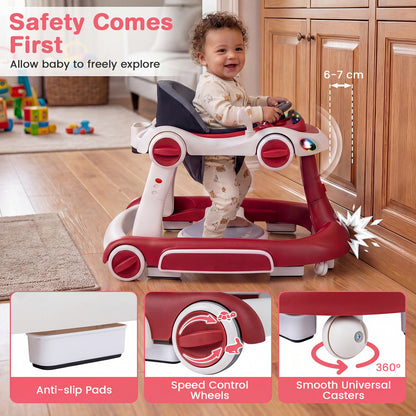 6-in-1 Baby Walker Toddler Push Car with Canopy and Wheels-Red
