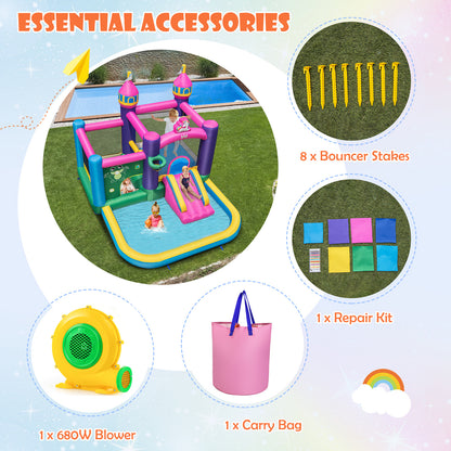 6-in-1 Large Blow up Bouncer Castle with Slide 680W Blower for Kids 3-12