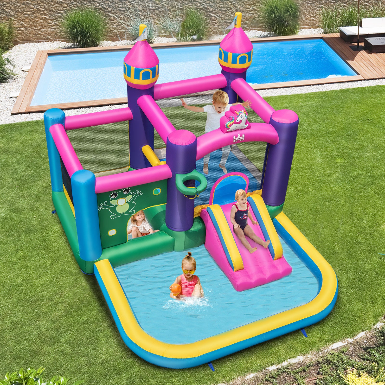 6-in-1 Large Blow up Bouncer Castle with Slide 680W Blower for Kids 3-12