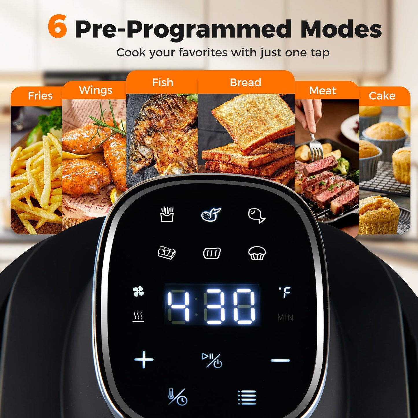 6-in-1 Portable Glass Air Fryer with Lids Built-in Thermostat-Black