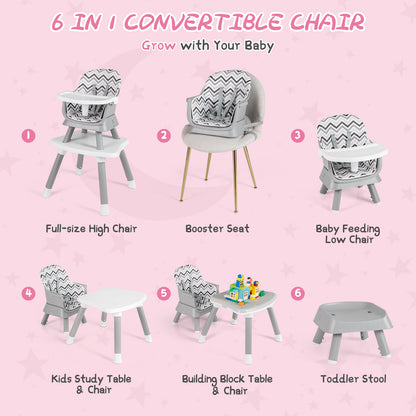 6-in-1 Baby High Chair with 5-Point Harness and Removable Tray-Gray &amp;amp; White