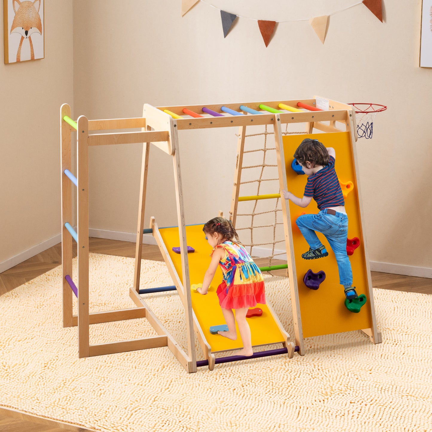 6-in-1 Jungle Gym with Slide and Rock Climbing for 3-14 Years Olds-Rainbow