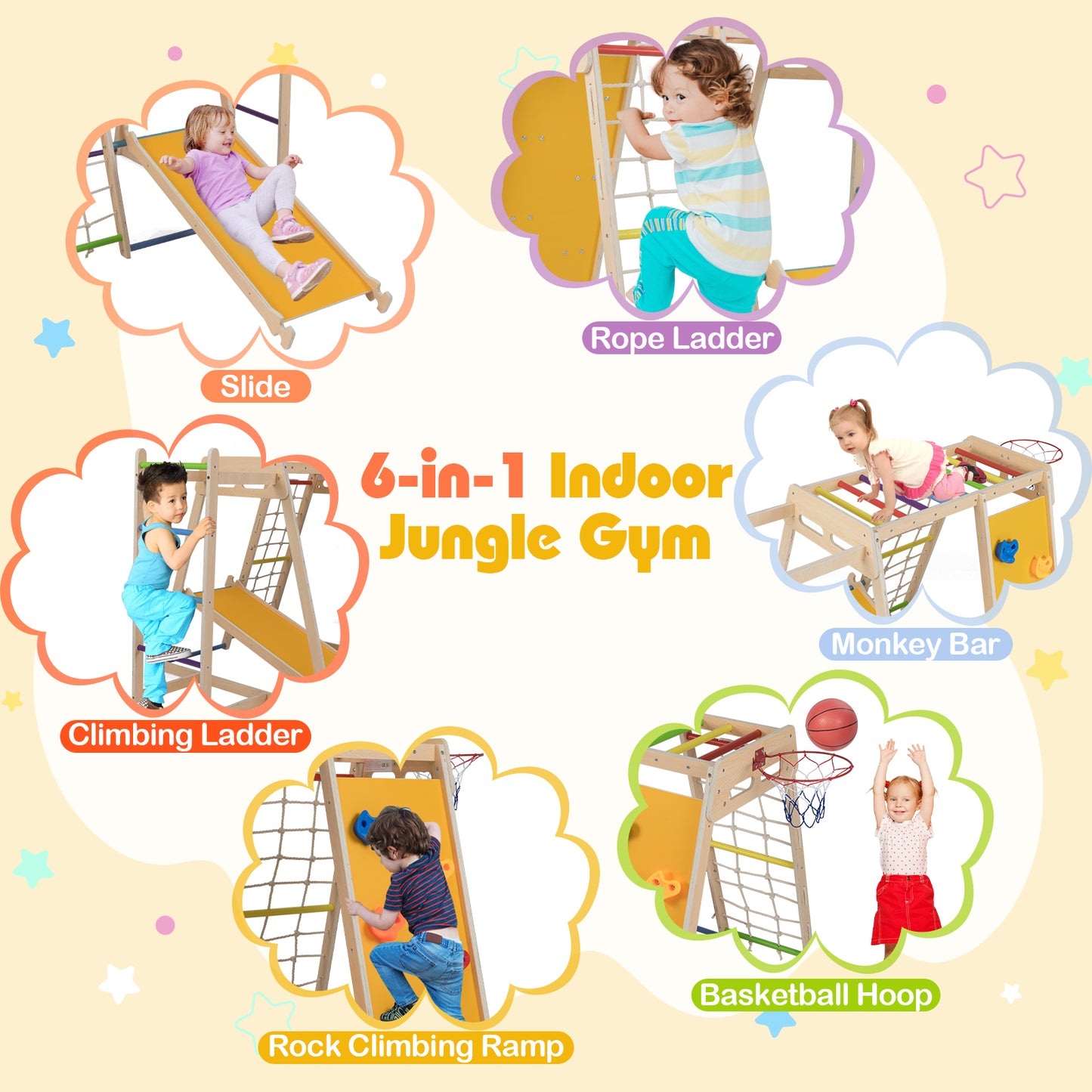 6-in-1 Jungle Gym with Slide and Rock Climbing for 3-14 Years Olds-Rainbow