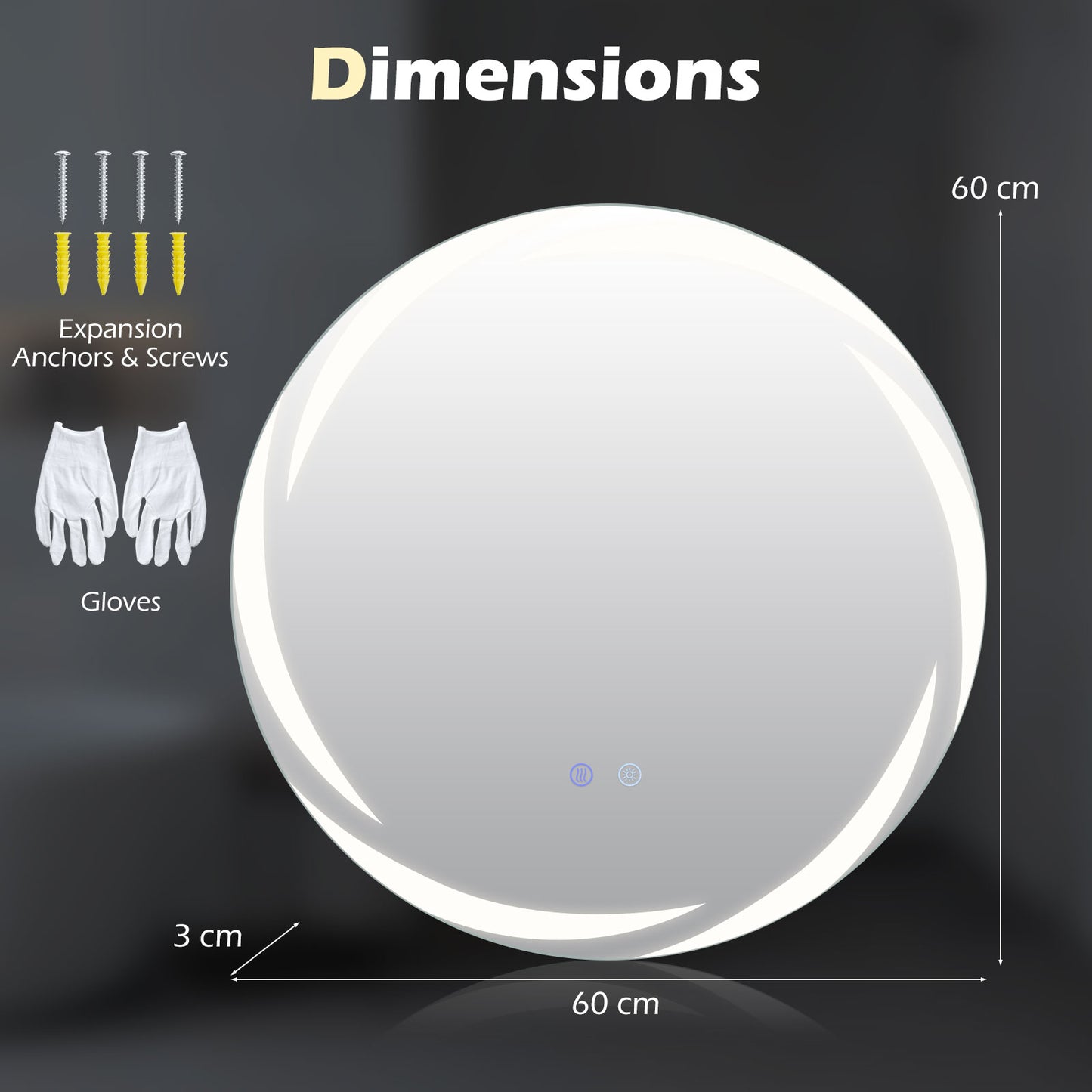 60 cm Round LED Bathroom Mirror Explosion-proof Tempered Glass Wall Mirror with 3-Color Lights