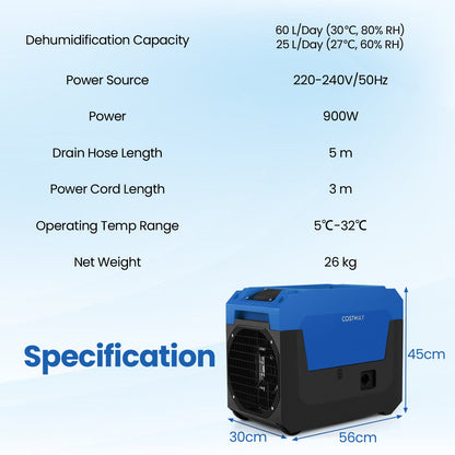 60L/Day Commercial Dehumidifier with Pump Portable Industrial Dehumidifier-Blue