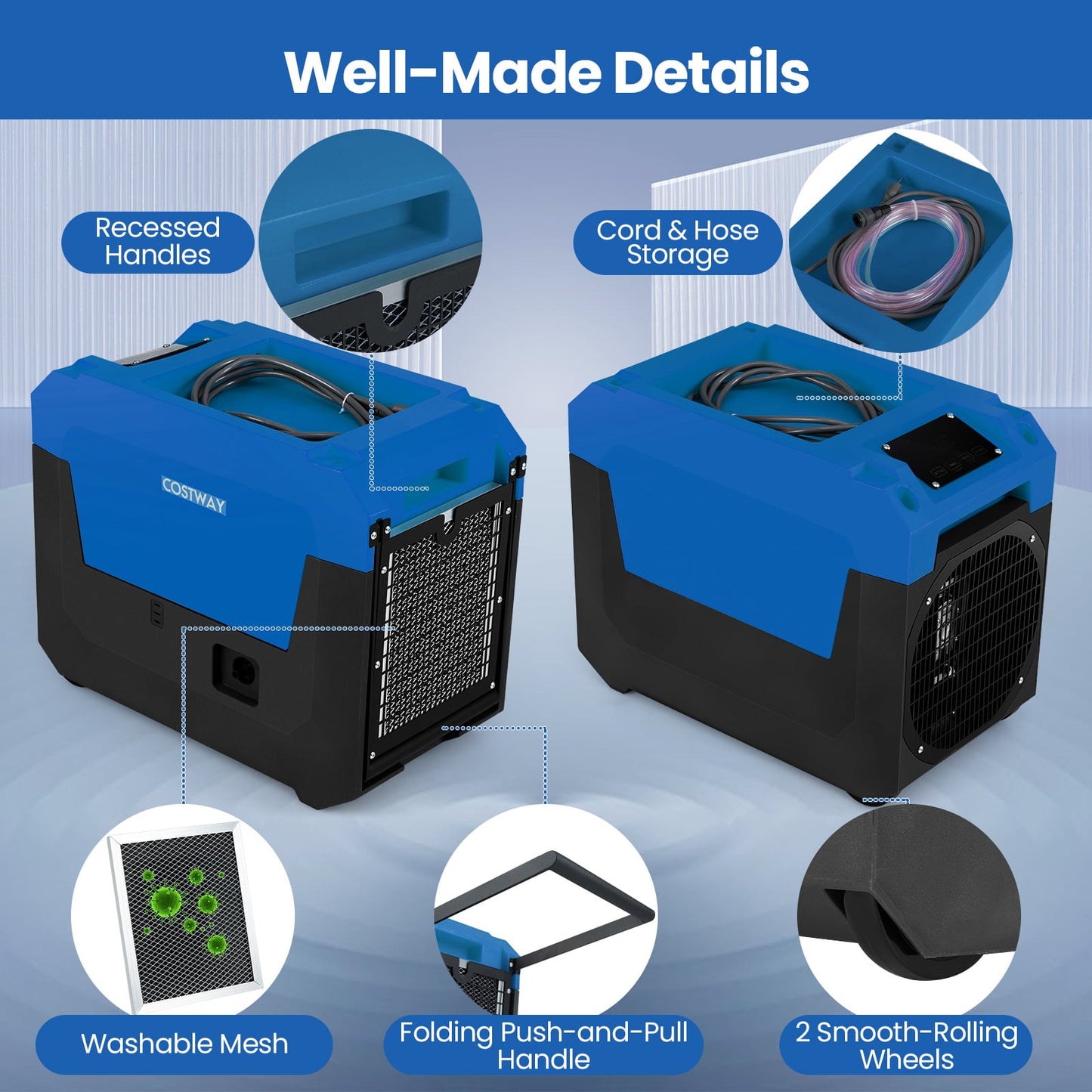 60L/Day Commercial Dehumidifier with Pump Portable Industrial Dehumidifier-Blue