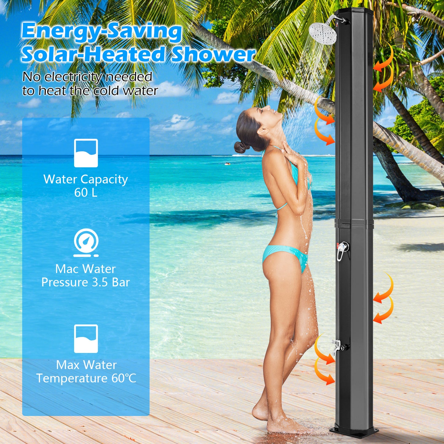 60L Solar Heated Outdoor Shower with Shower Head and Foot Shower Tap-Black