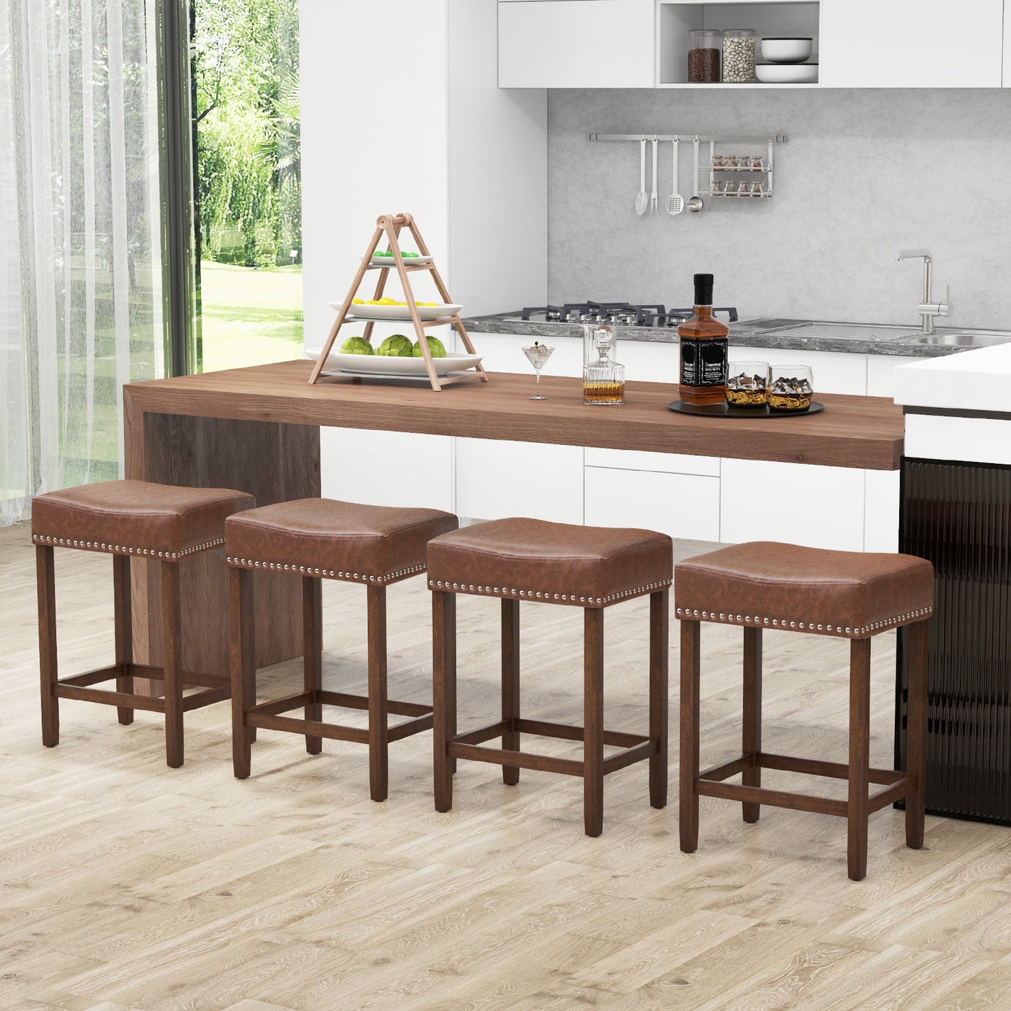 60cm Bar Stool Set of 2 Counter Height Saddle Stools-Brown