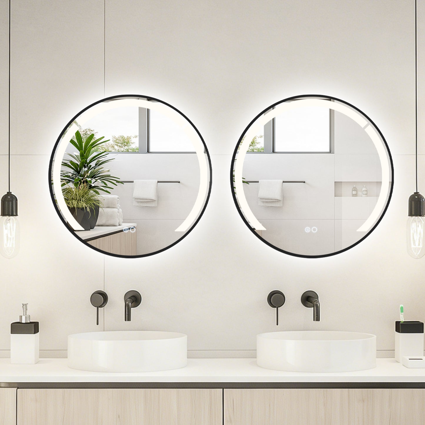 60 cm Round LED Bathroom Mirror with 3 Light Colors-Black