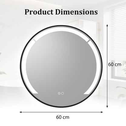 60 cm Round LED Bathroom Mirror with 3 Light Colors-Black