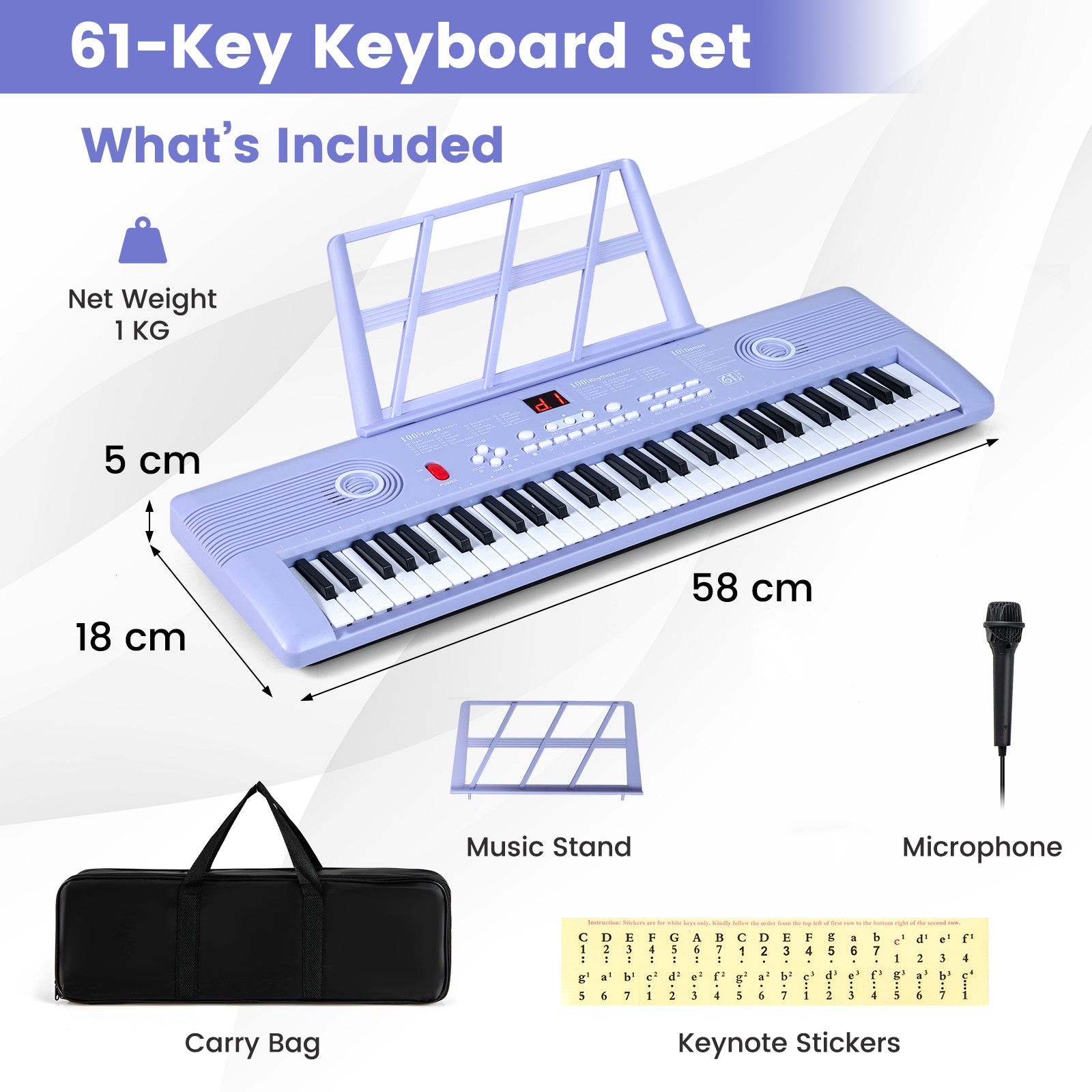 61 Key Keyboard Piano with Music Stand for Beginners-Purple