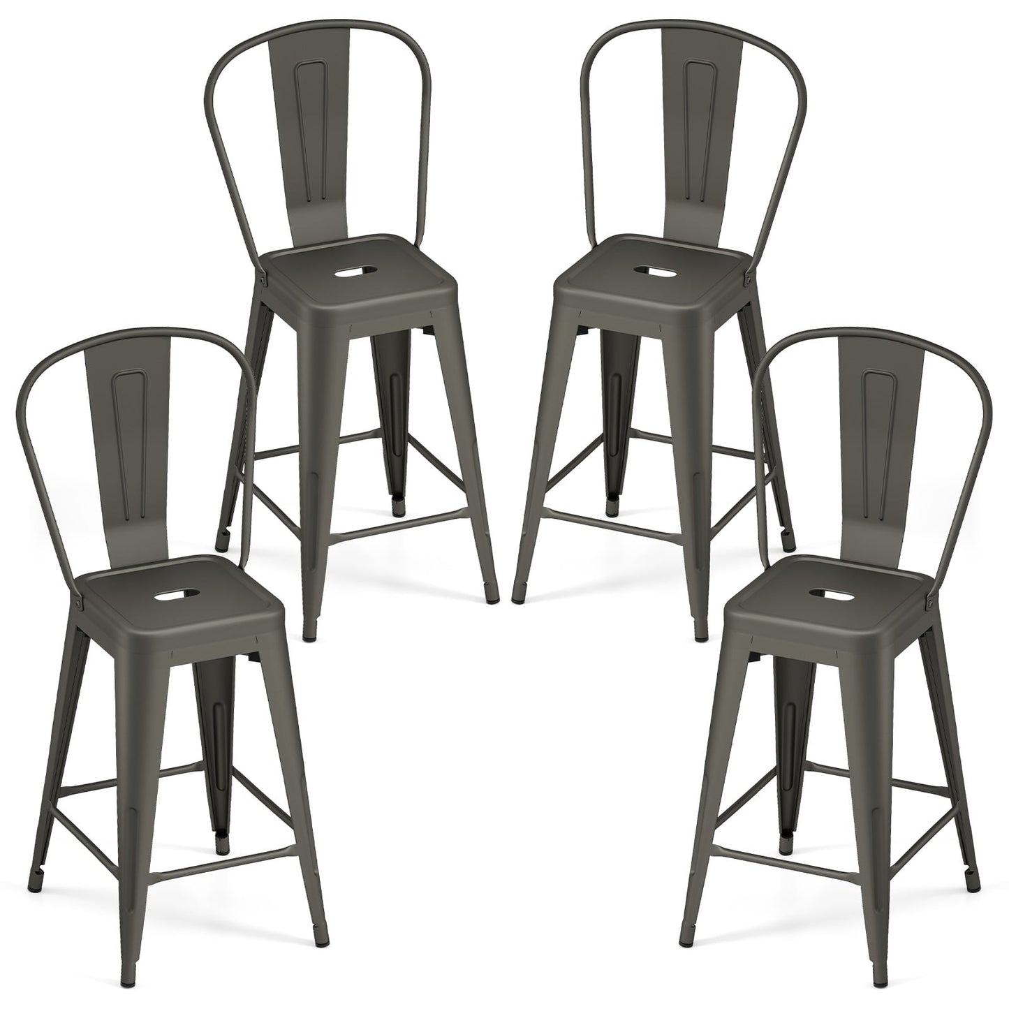 62 cm Metal Bar Stools Set of 4 with Backrests and Footrests-Gun