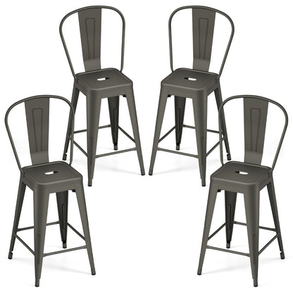 62 cm Metal Bar Stools Set of 4 with Backrests and Footrests-Gun