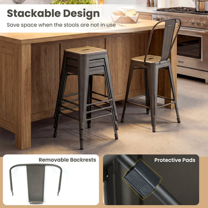 62 cm Metal Bar Stools Set of 4 with Backrests and Footrests-Gun