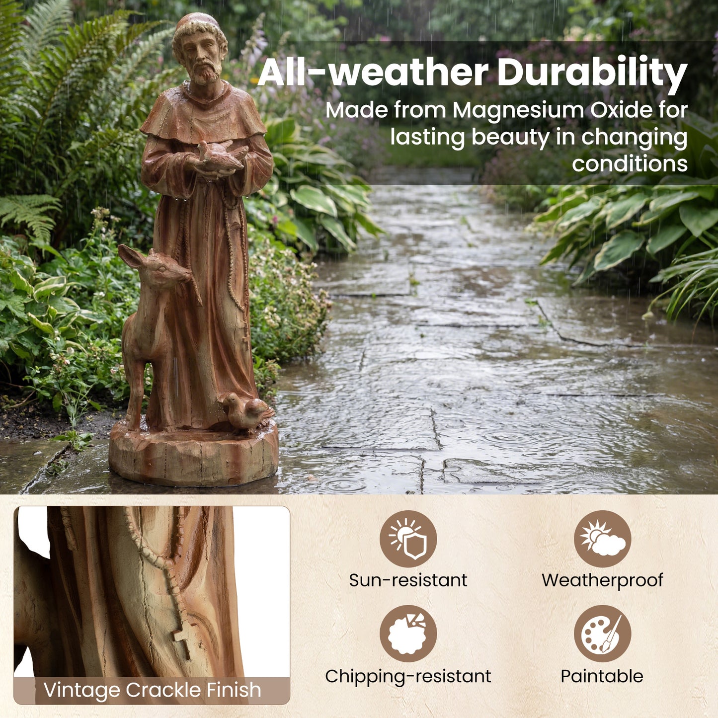 62cm St. Francis Statue with Bird Feeder Saint Francis of Assisi Garden Decoration-Brown