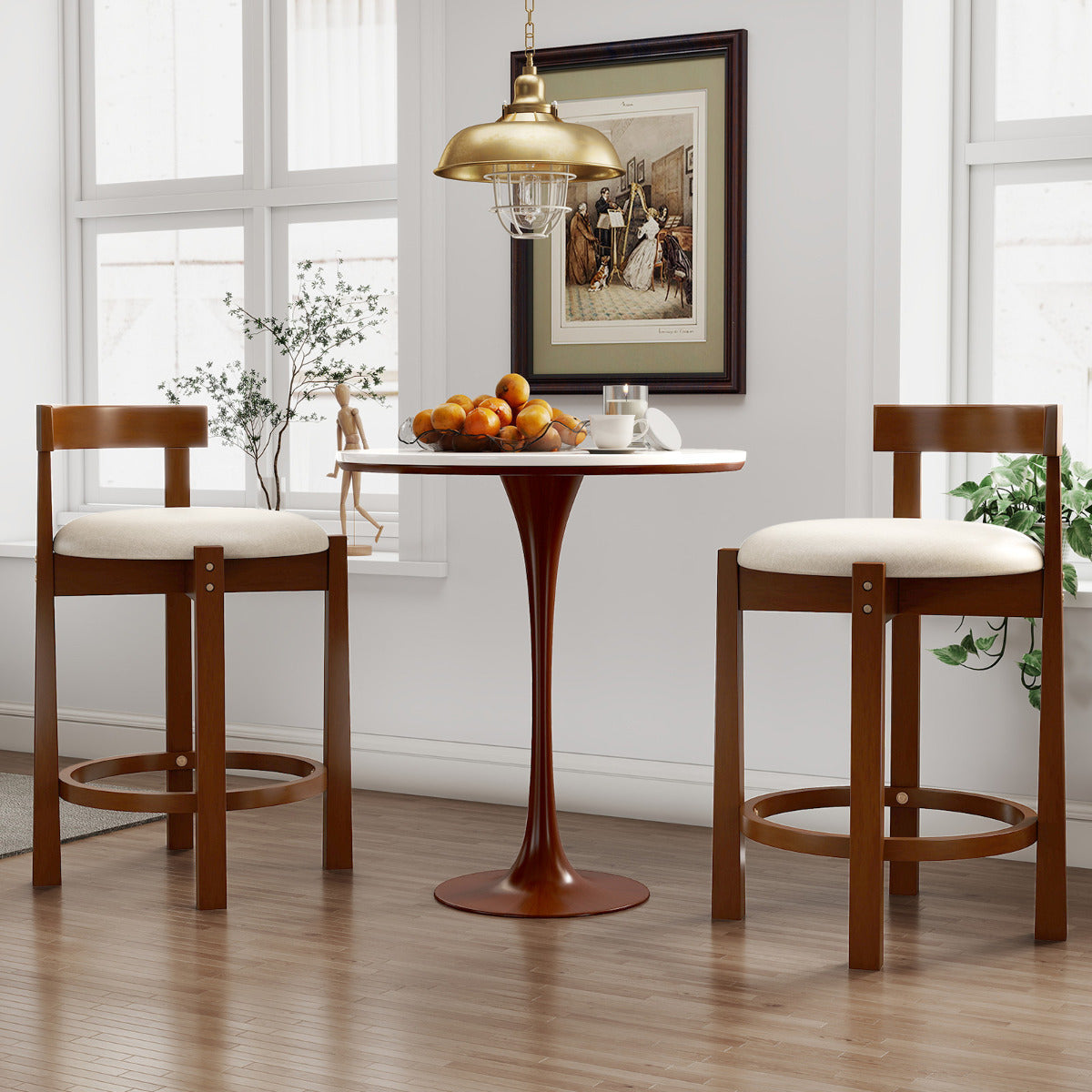 62cm Counter Height Bar Stools Set of 2 with Backrests and Footrests-Beige