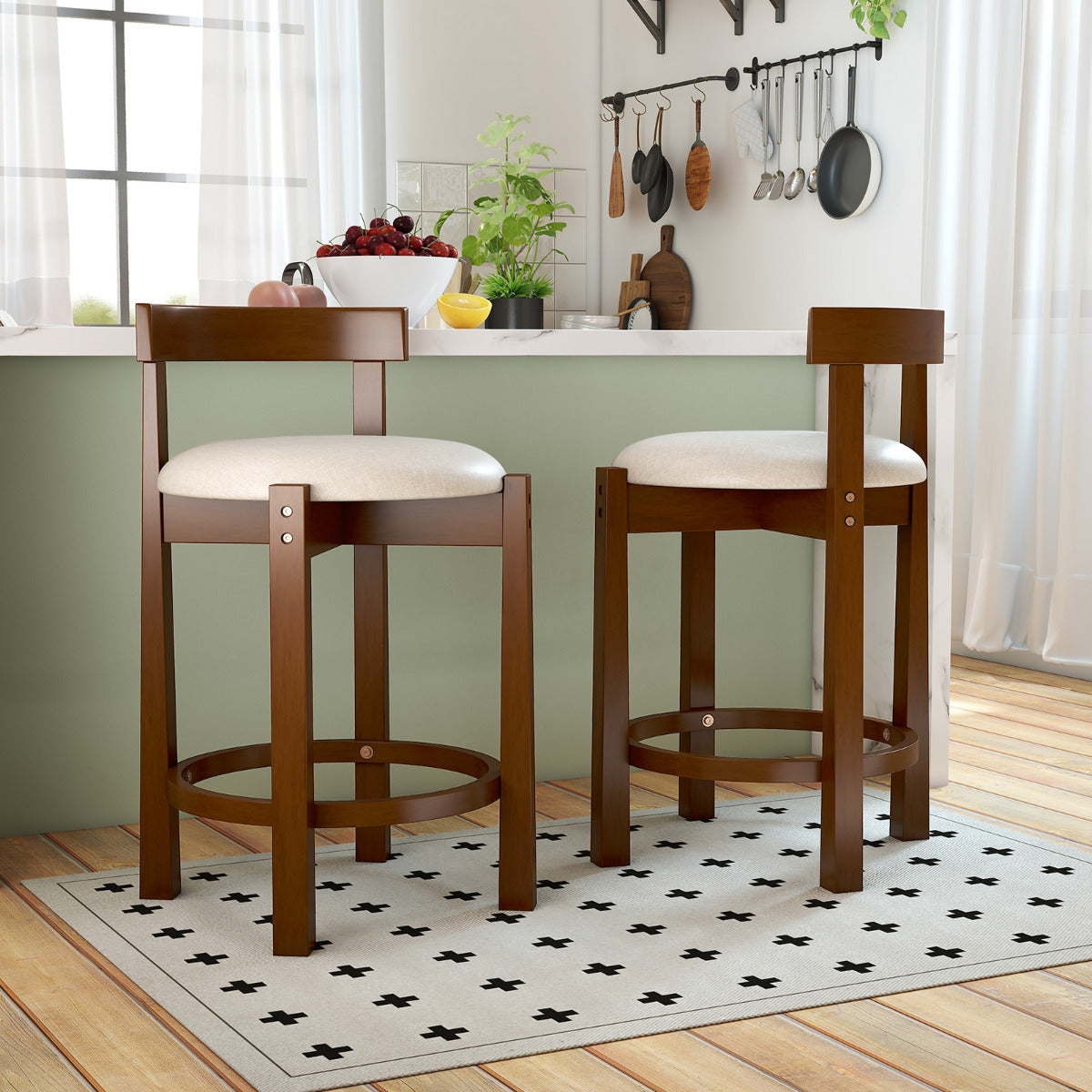 62cm Counter Height Bar Stools Set of 2 with Backrests and Footrests-Beige