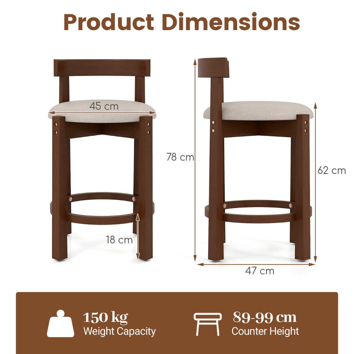62cm Counter Height Bar Stools Set of 2 with Backrests and Footrests-Beige