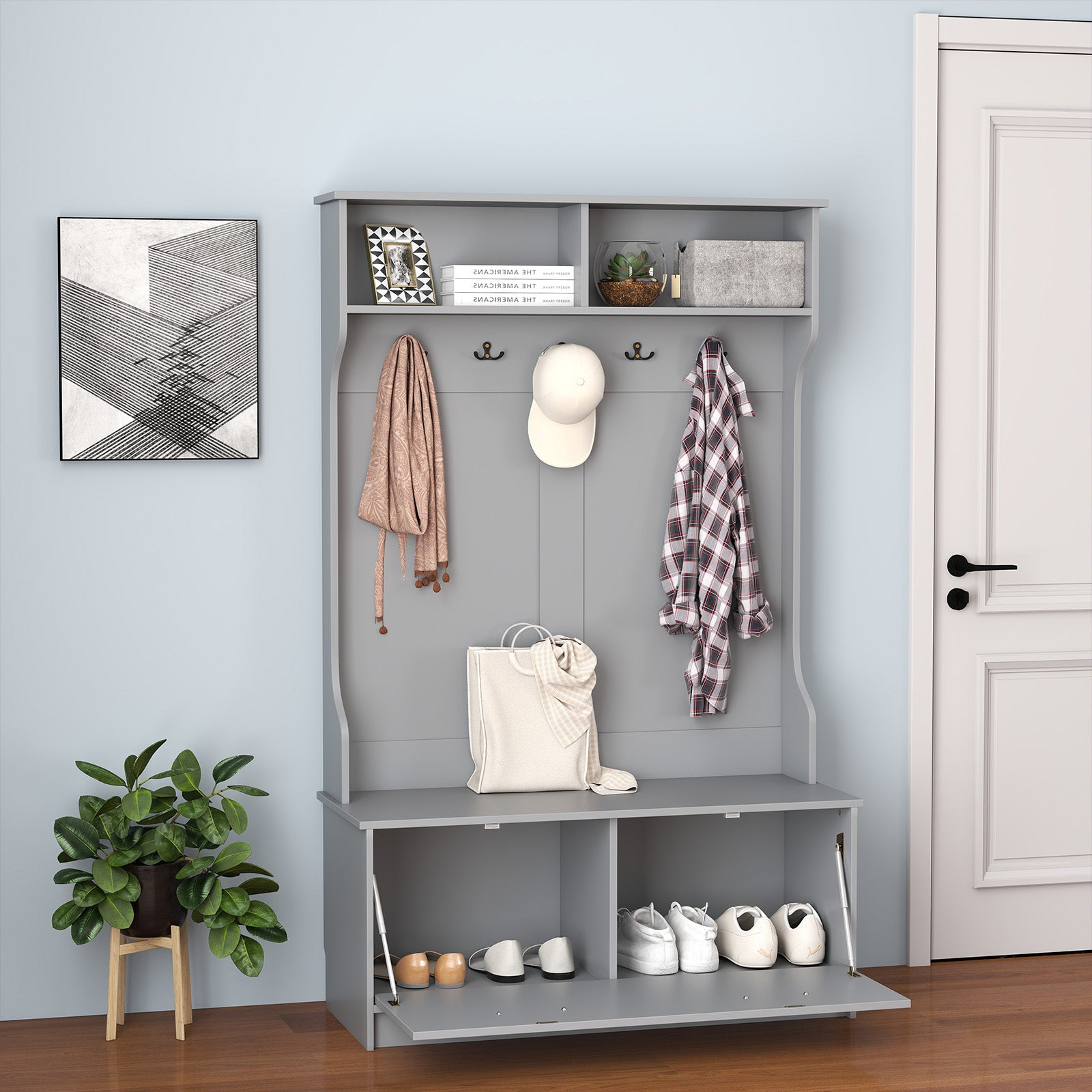 63 Inches Hall Tree with Coat Rack and Storage Bench-Grey
