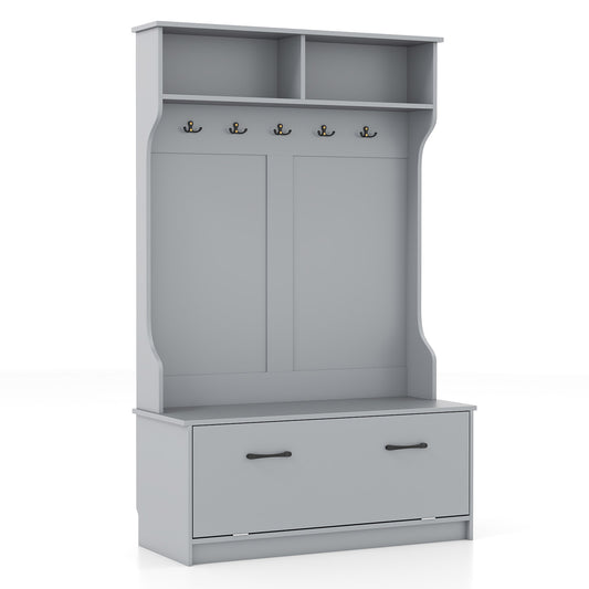 63 Inches Hall Tree with Coat Rack and Storage Bench-Grey