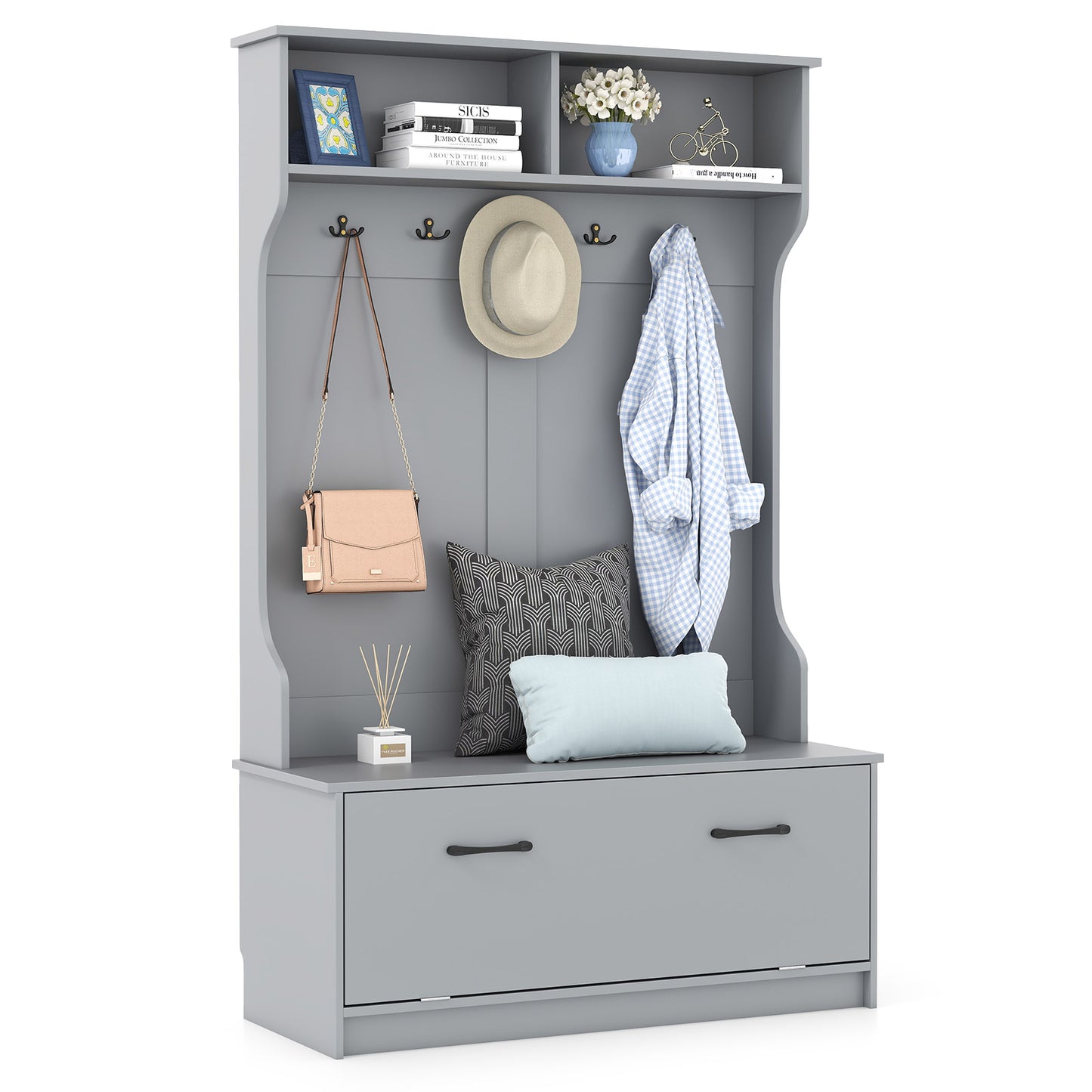 63 Inches Hall Tree with Coat Rack and Storage Bench-Grey