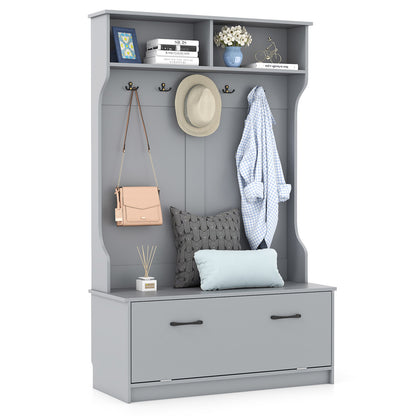63 Inches Hall Tree with Coat Rack and Storage Bench-Grey