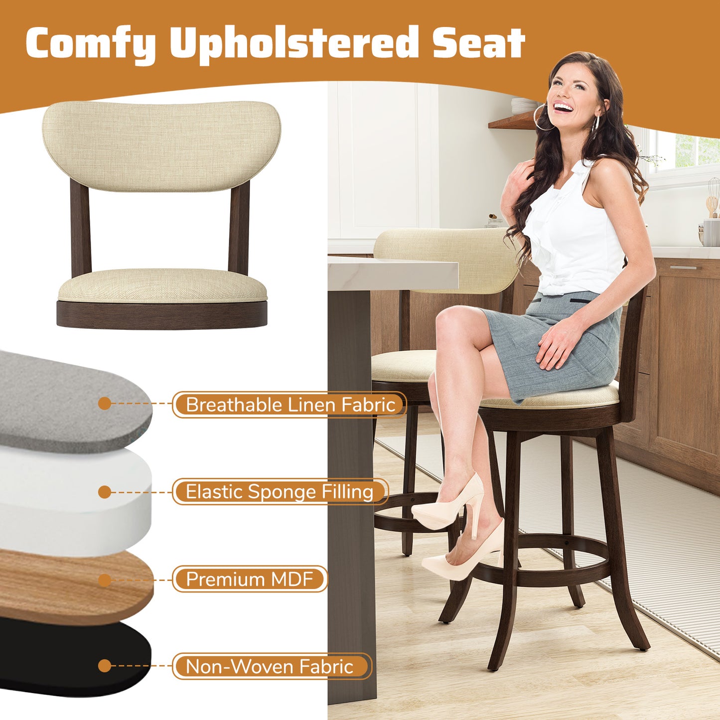64/77CM Counter Height Chairs Set of 2 with Padded Seat and Backrest-Brown-Size 1