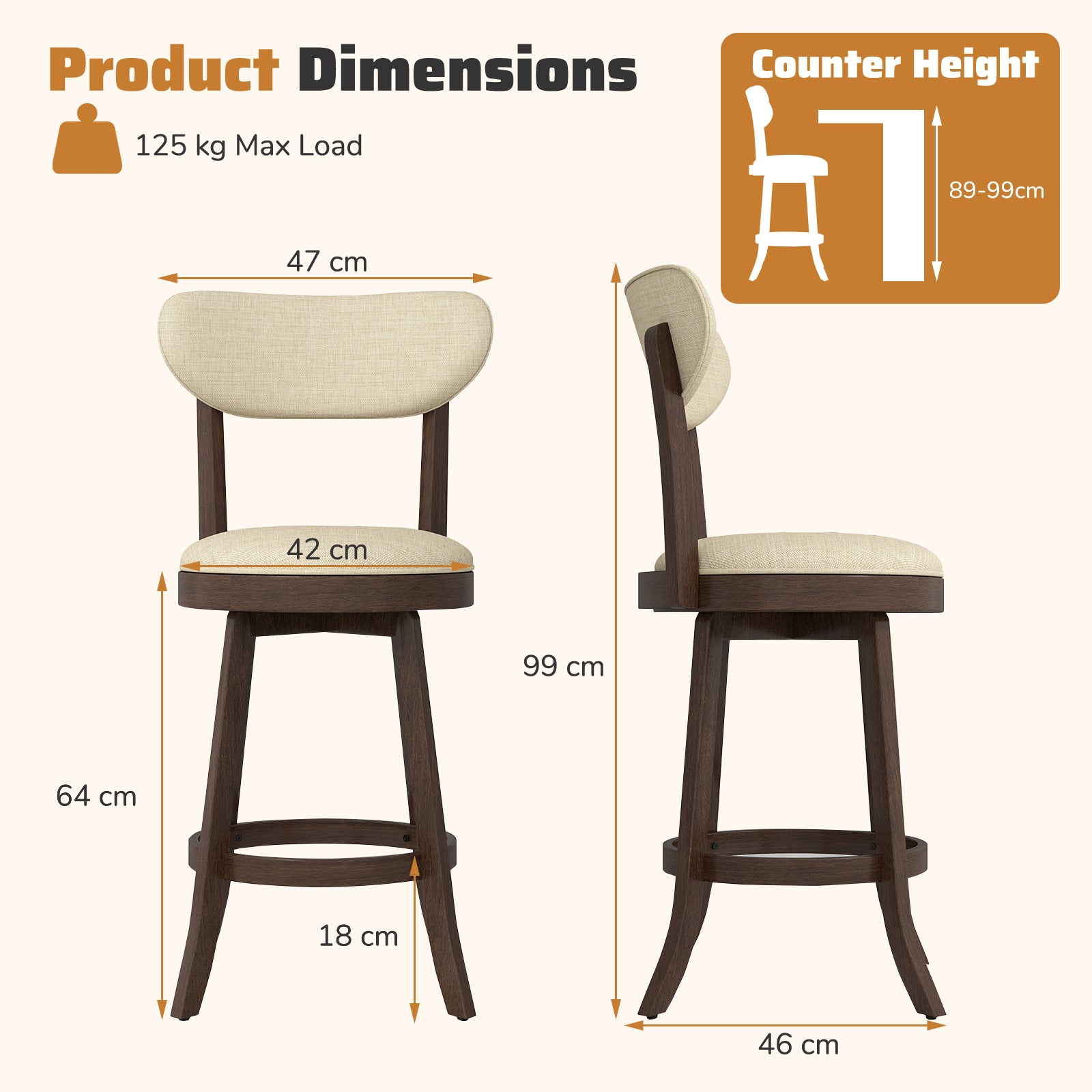 64/77CM Counter Height Chairs Set of 2 with Padded Seat and Backrest-Brown-Size 1