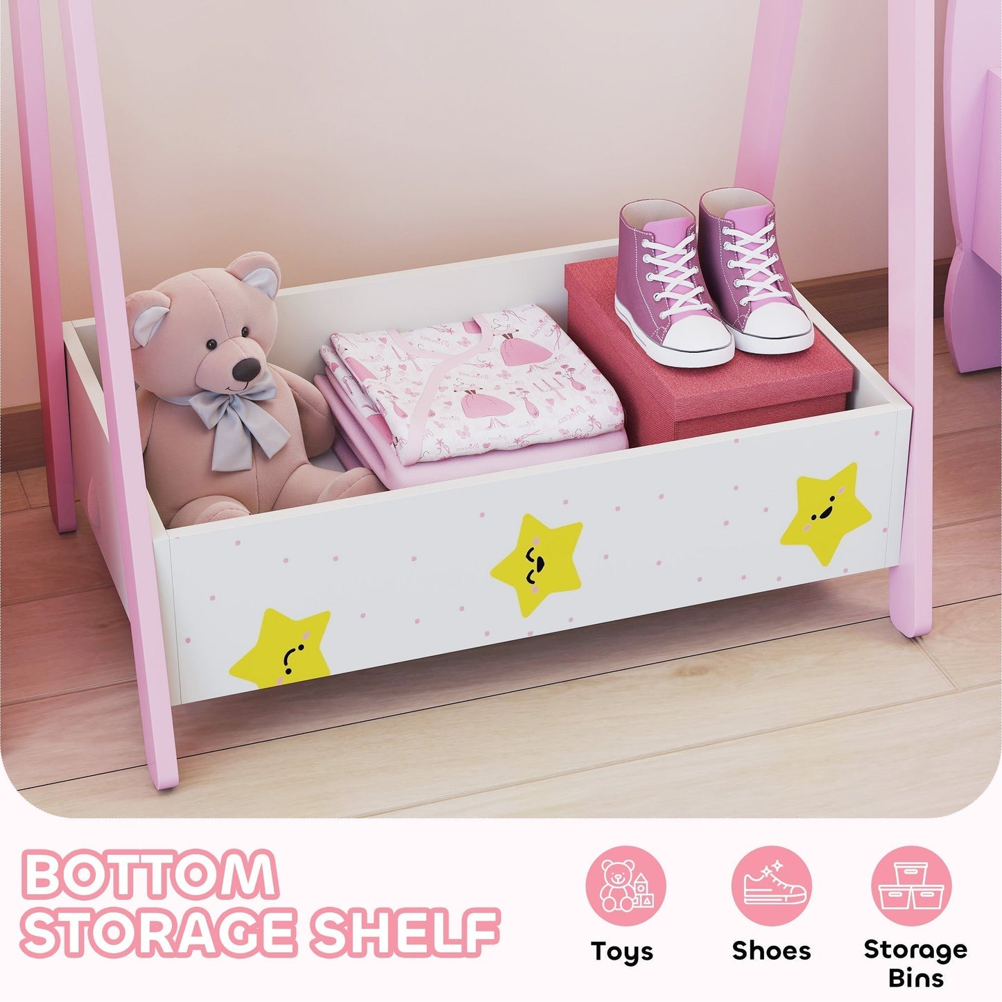 AIYAPLAY Baby Clothing Rack with Hangers, Storage Shelf for Bedroom, Star Theme, for Ages 3-6, Pink