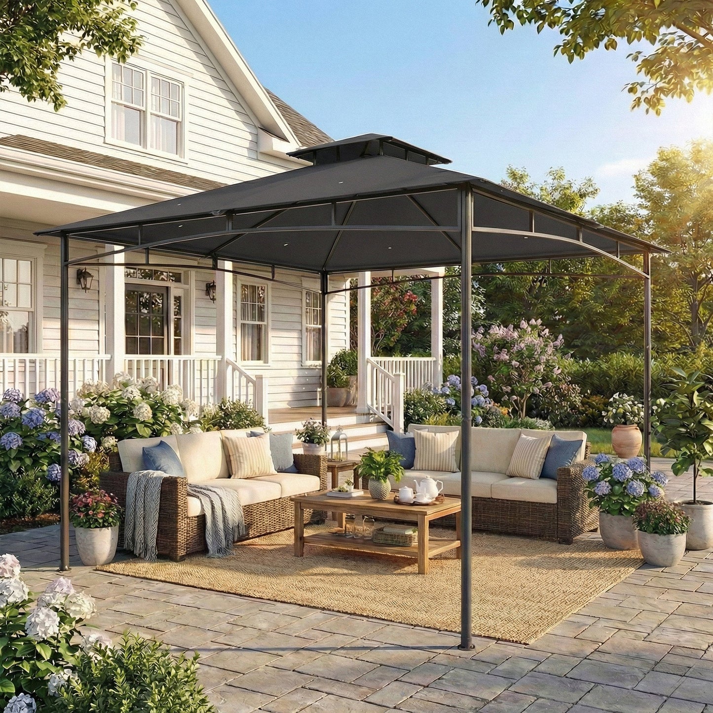 Outsunny 3 x 3 m Gazebo, Garden Gazebo with 2-Tier Roof, Metal Frame, Dark Grey