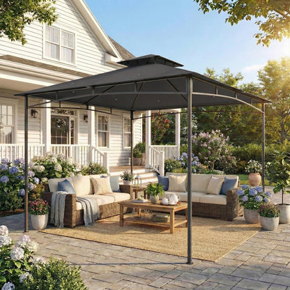 Outsunny 3 x 3 m Gazebo, Garden Gazebo with 2-Tier Roof, Metal Frame, Dark Grey