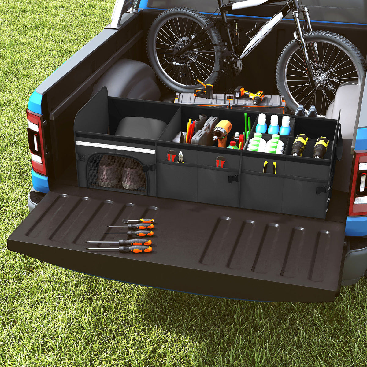 67 L Car Trunk Organizer with Lid 3-Compartment Portable Storage Box-Black